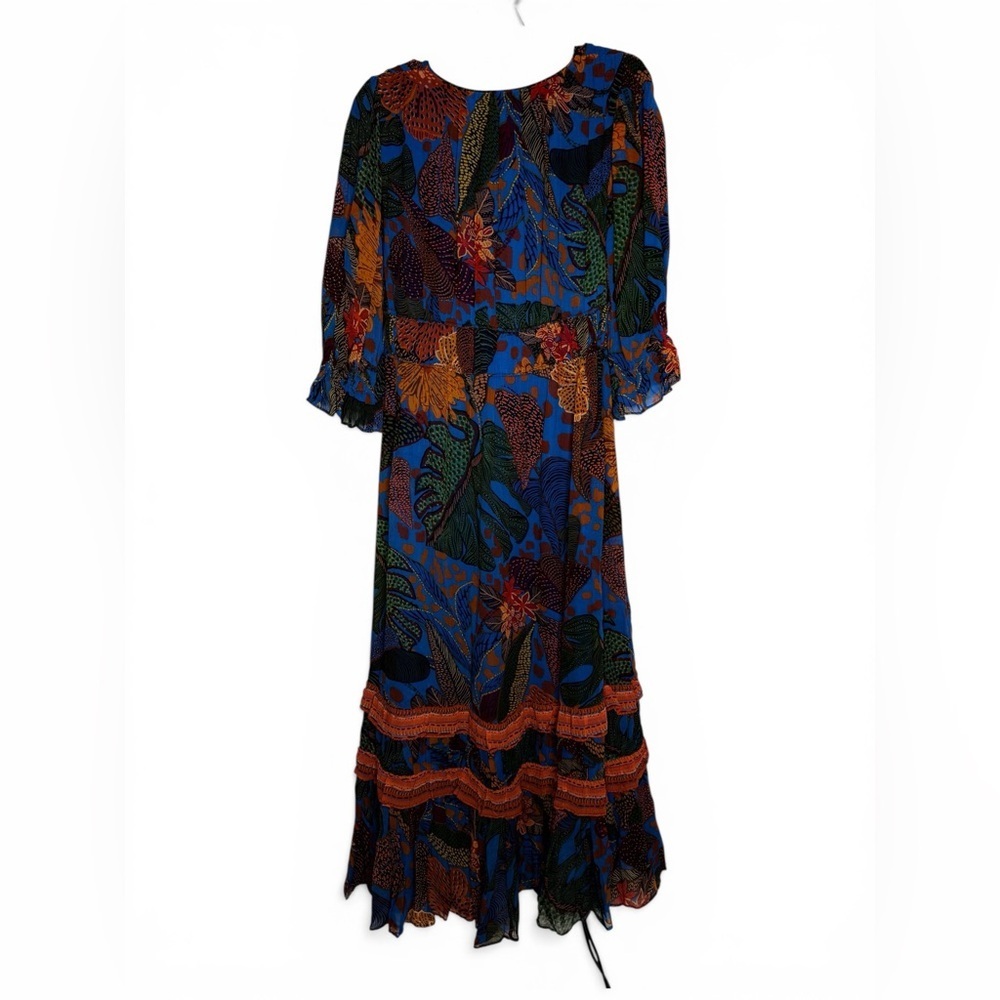 Farm Rio for Anthropologie Blue Tropical Maxi Dress Ruffle Tiered Boho size S - Picture 3 of 6